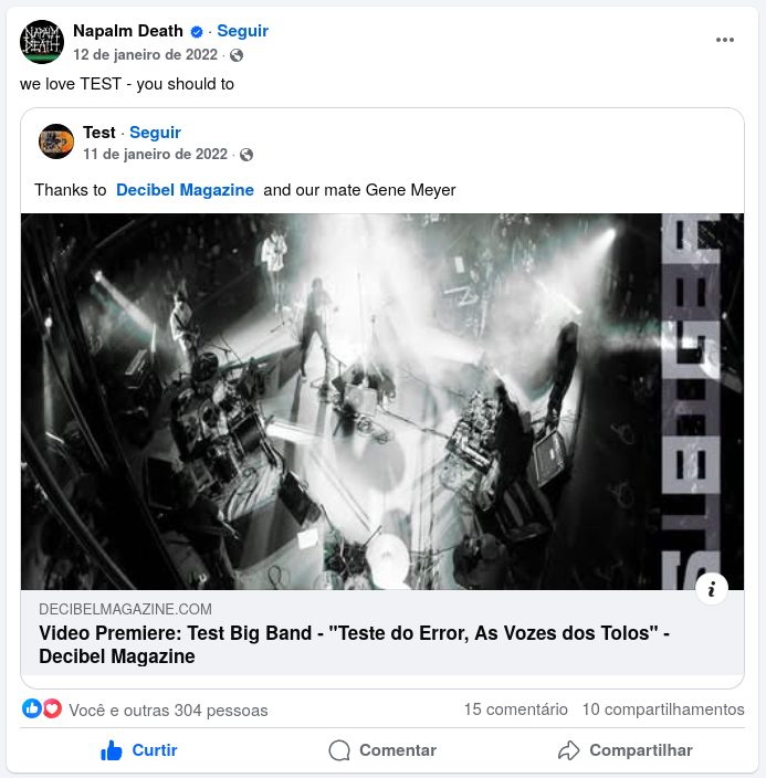 Postagem no facebook oficial do Napalm Death sobre o Test